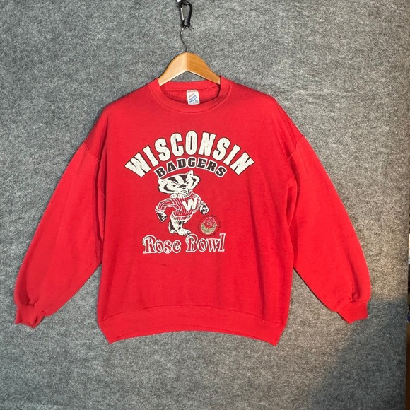 Vintage Wisconsin Badgers Rose Bowl Crewneck Sweatshirt XL Red 90s Football - Picture 2 of 14